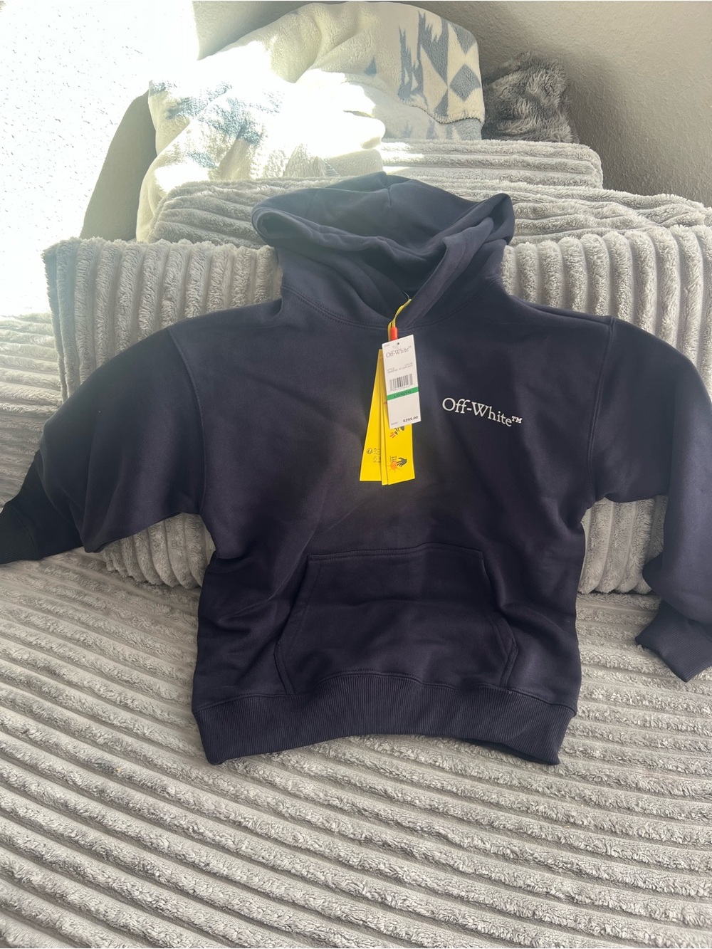 Off-White Navy Crewneck Hoodie with White Logo